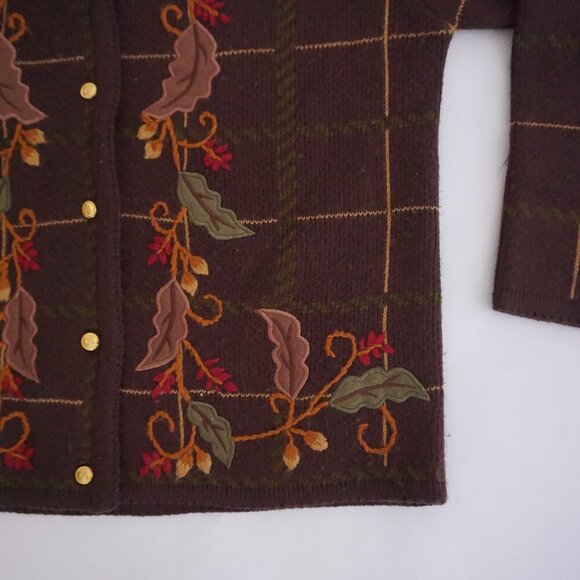 VTG Crystal Kobe Brown Leaf Vine Embroidered Plaid Knit Gold Button Cardigan S - Picture 5 of 9